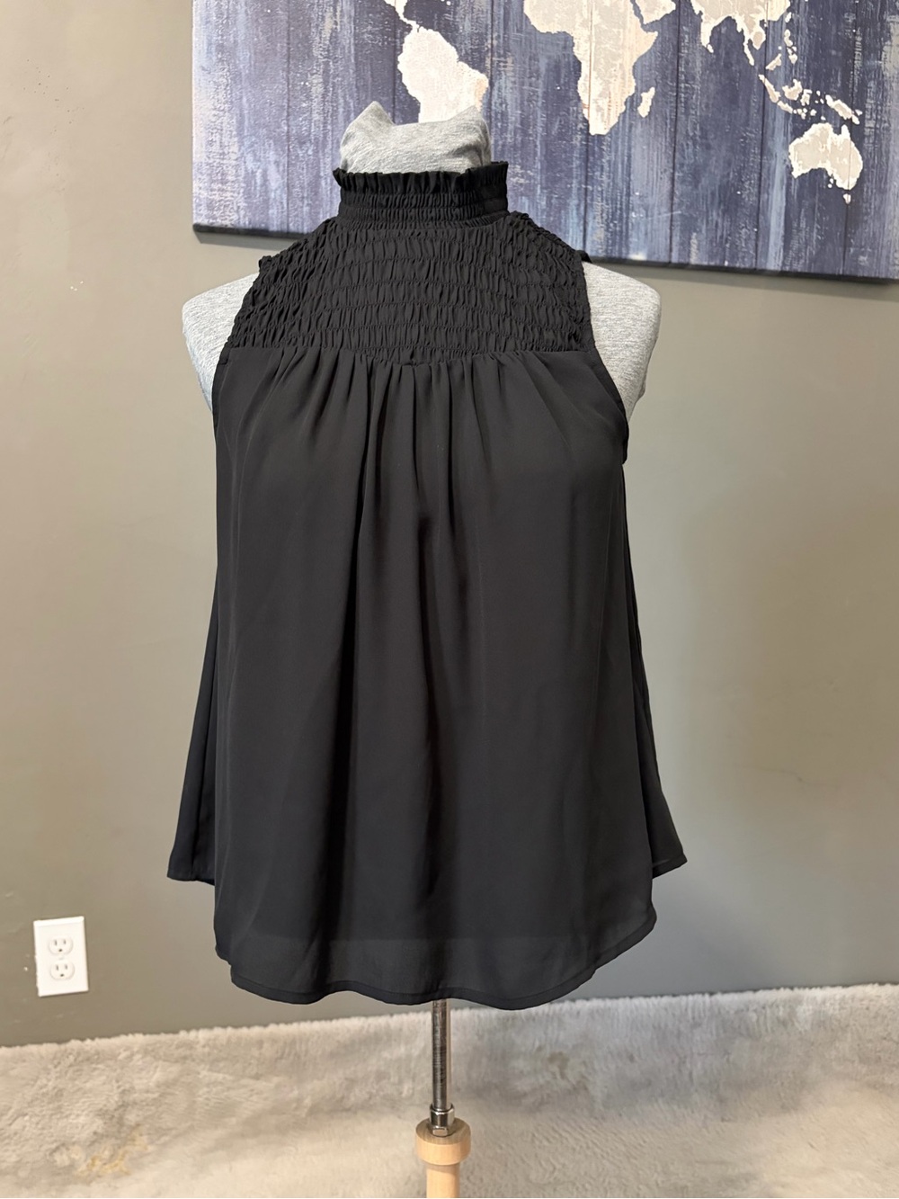Banana Republic Sheer Black Smocked Mock Neck Sleeveless Blouse XS